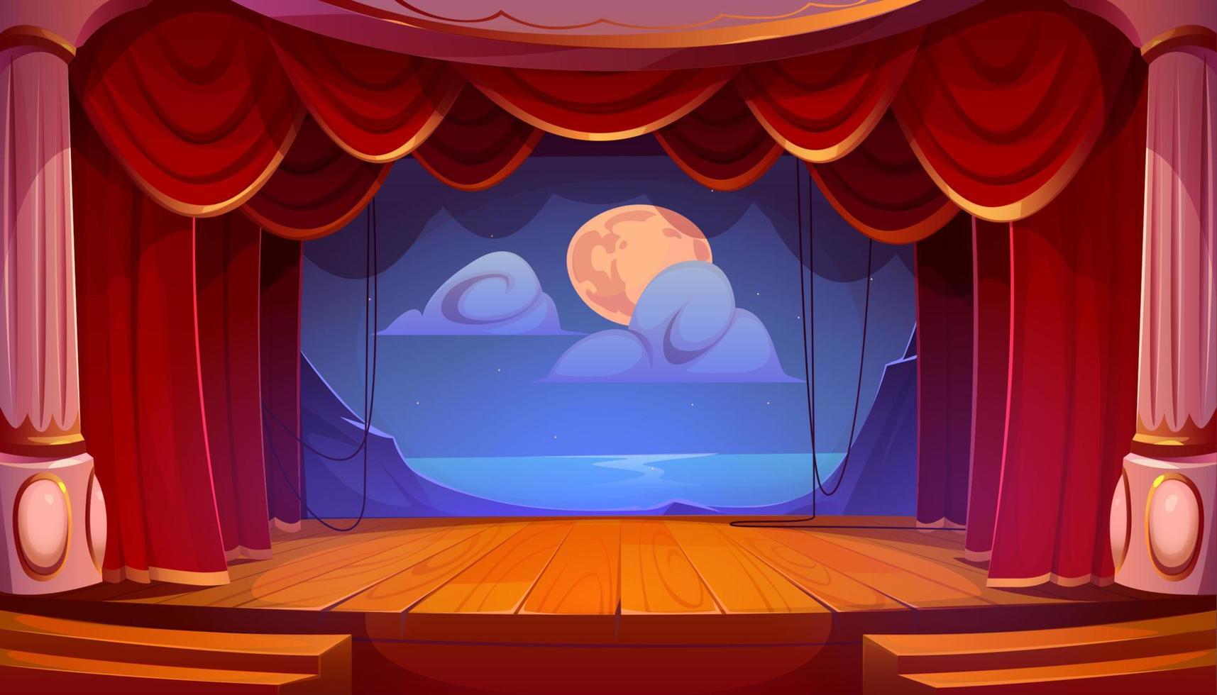 palco de teatro vazio, cortinas vermelhas, piso de madeira vetor