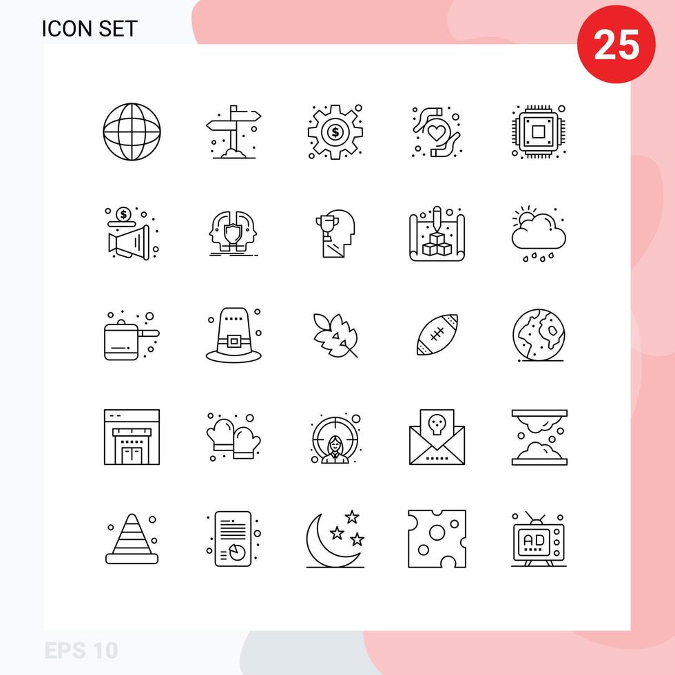 conjunto de 25 sinais de símbolos de ícones de interface do usuário modernos para publicidade hardware chip de dólar coração saúde elementos de design de vetores editáveis