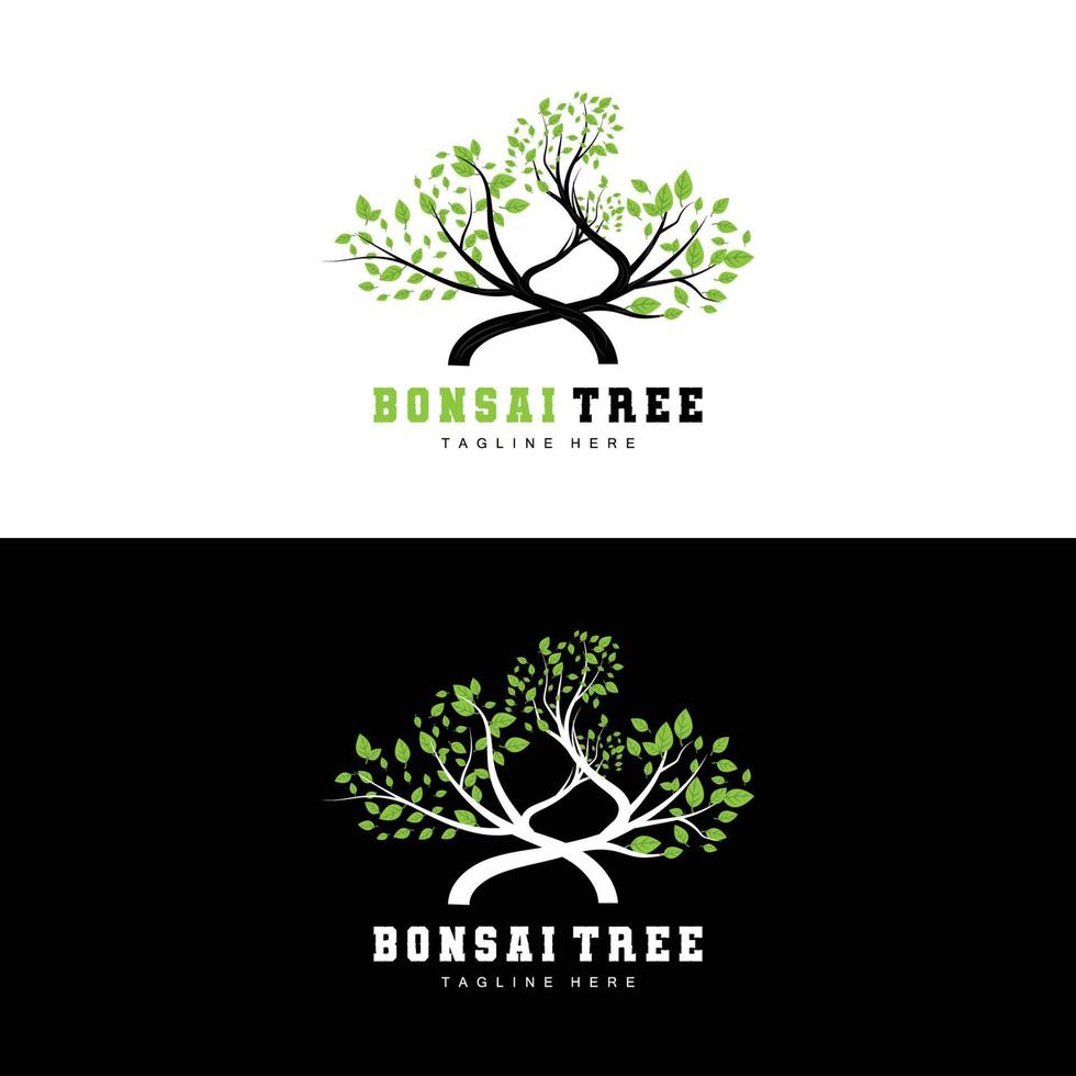 design de logotipo de árvore verde, ilustração de logotipo de árvore bonsai, folha e vetor de madeira