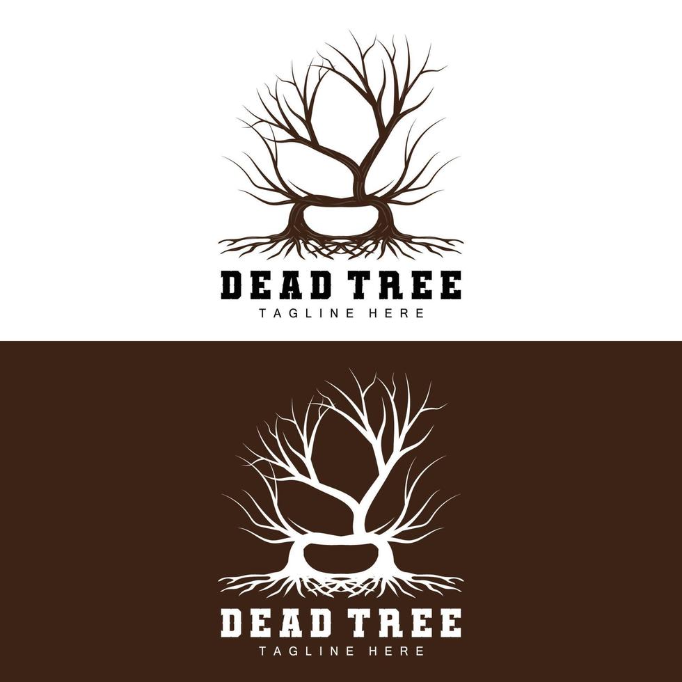 design de logotipo de árvore, ilustração de árvore morta, corte de árvore selvagem, vetor de aquecimento global, seca da terra, ícones de marca de produto