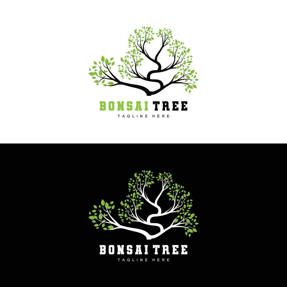 design de logotipo de árvore verde, ilustração de logotipo de árvore bonsai, folha e vetor de madeira