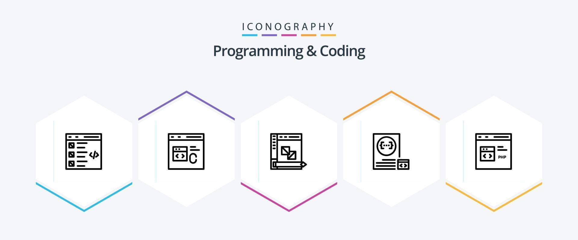 programação e codificação de pacote de ícones de 25 linhas, incluindo desenvolvimento. aplicativo. desenvolve. planejamento. desenvolvimento vetor