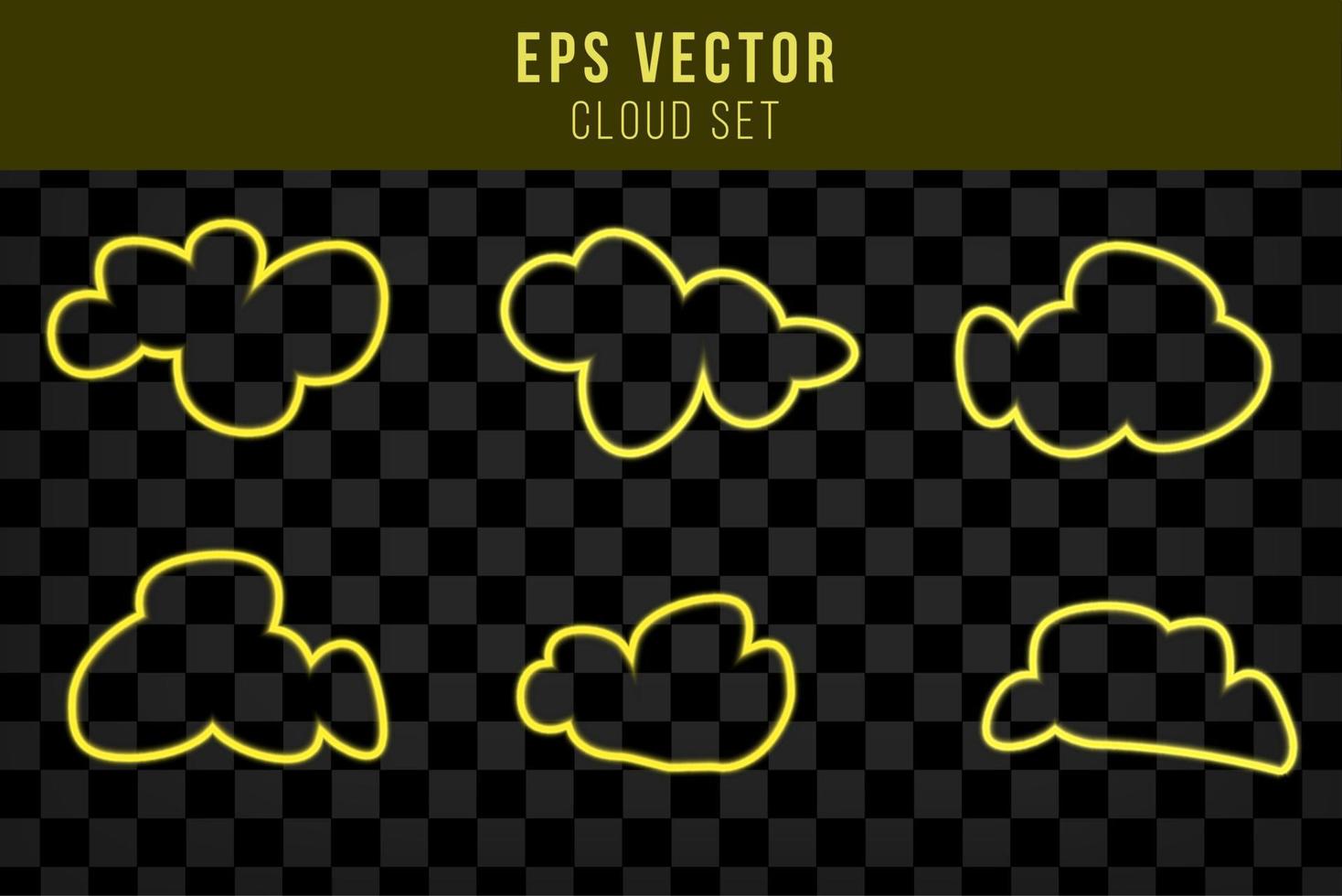 conjunto de nuvem de néon de brilho amarelo isolada. contorno linear. tempo. ilustração vetorial vetor