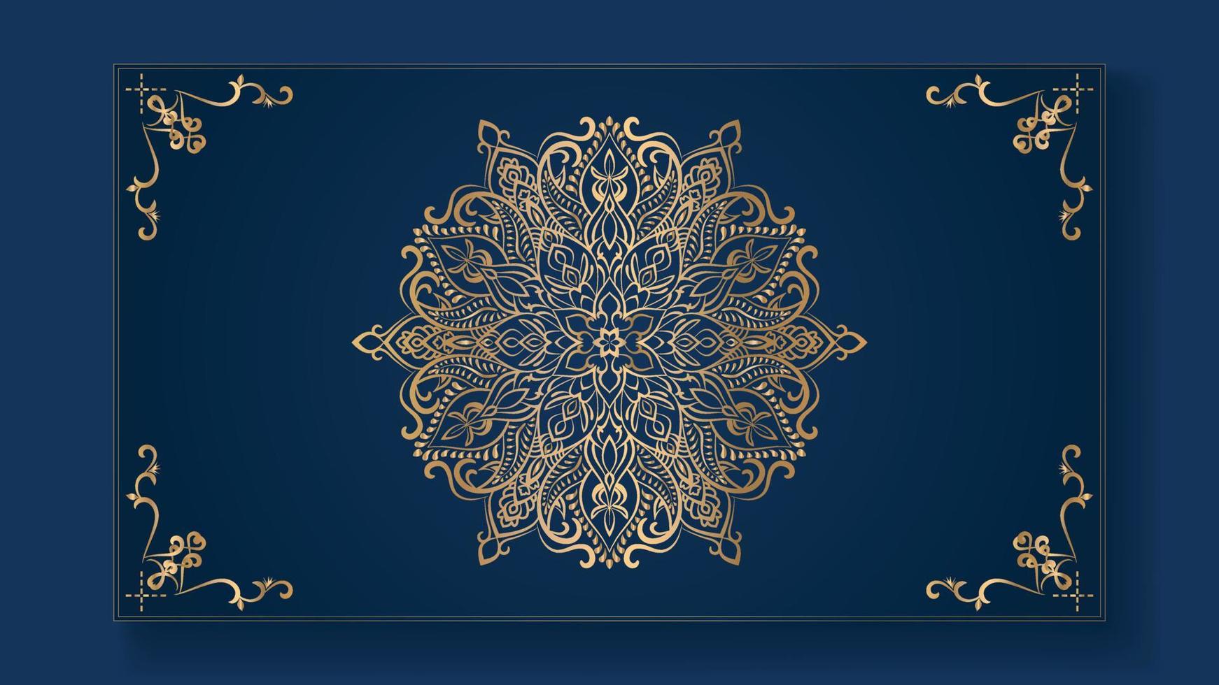 fundo de design de mandala ornamental de luxo na cor ouro e fundo azul vetor