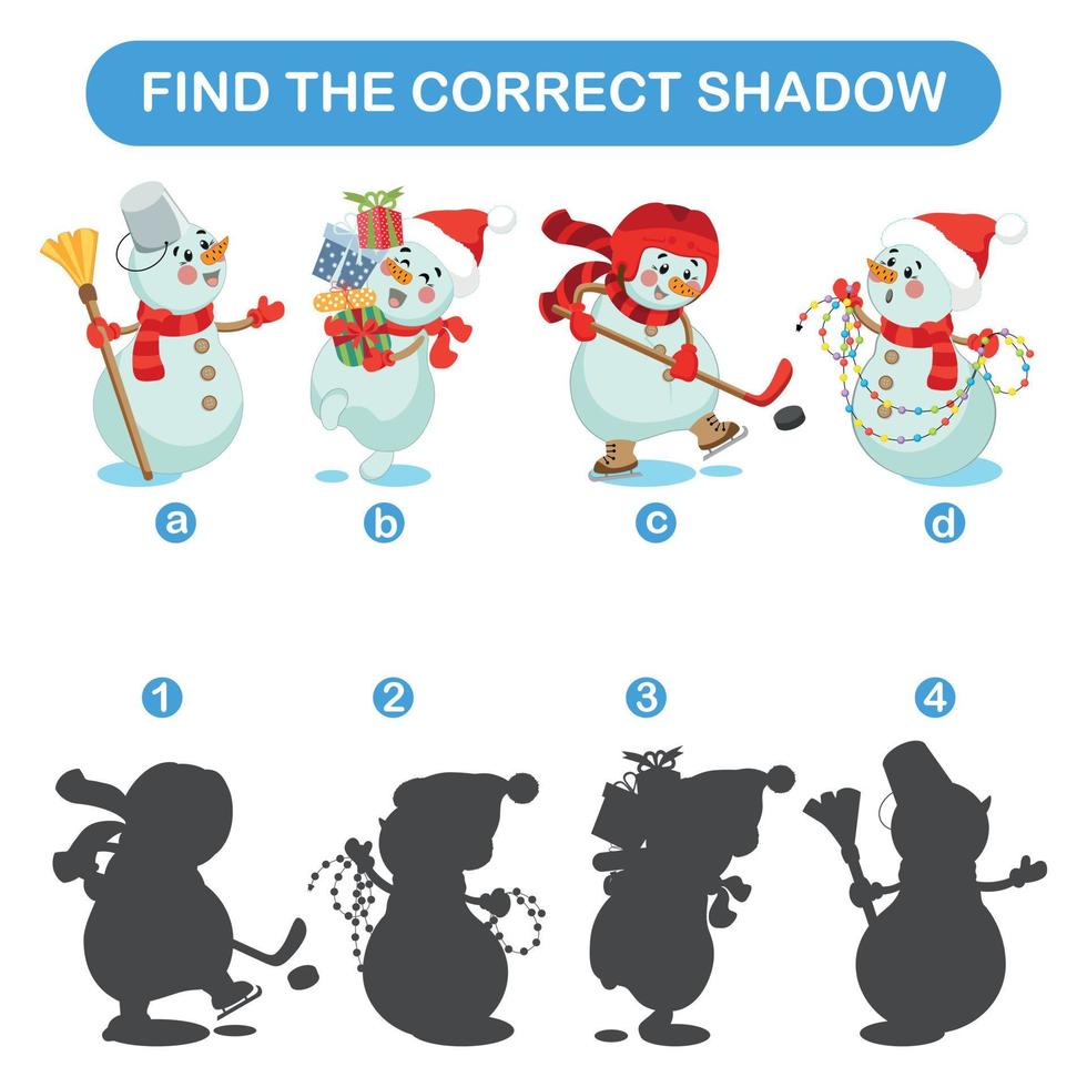 jogo educativo para crianças. escolha a sombra certa para o boneco de neve vetor