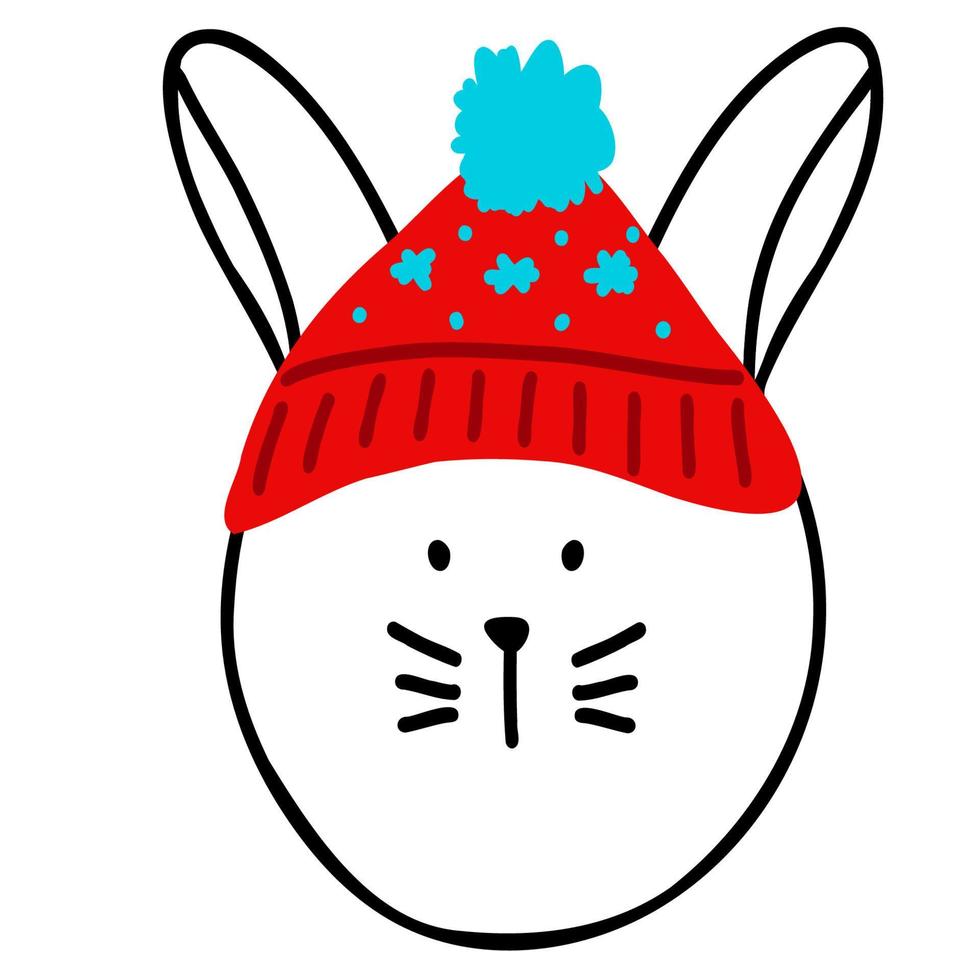 cabeça de coelho sorridente com chapéu de papai noel vermelho, símbolo desenhado à mão do ano novo 2023 em estilo doodle, impressão para têxteis infantis, decoração de interiores de quarto, pôster, adesivo, logotipo, design de moda para bebês vetor
