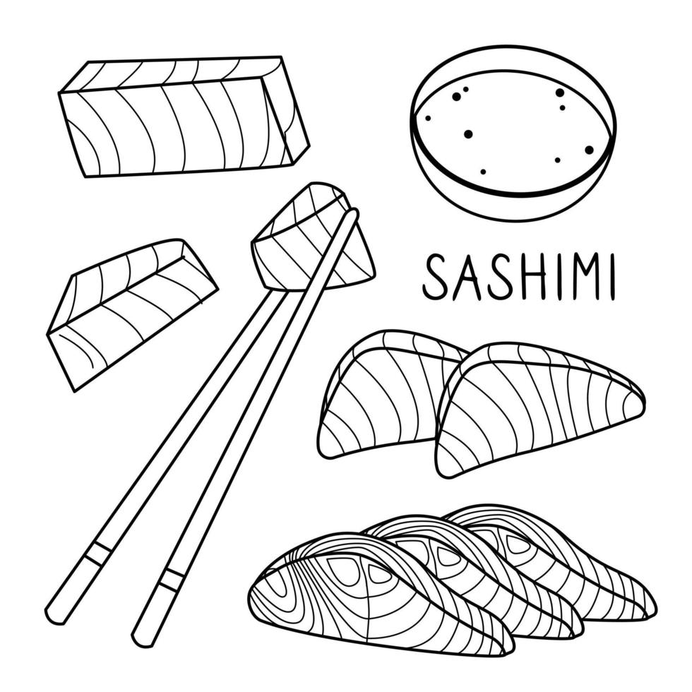 um conjunto de comida japonesa de sushi, rolos. itens para comida asiática. culinária japonesa. ilustração vetorial pratos asiáticos para menus e restaurantes. vetor