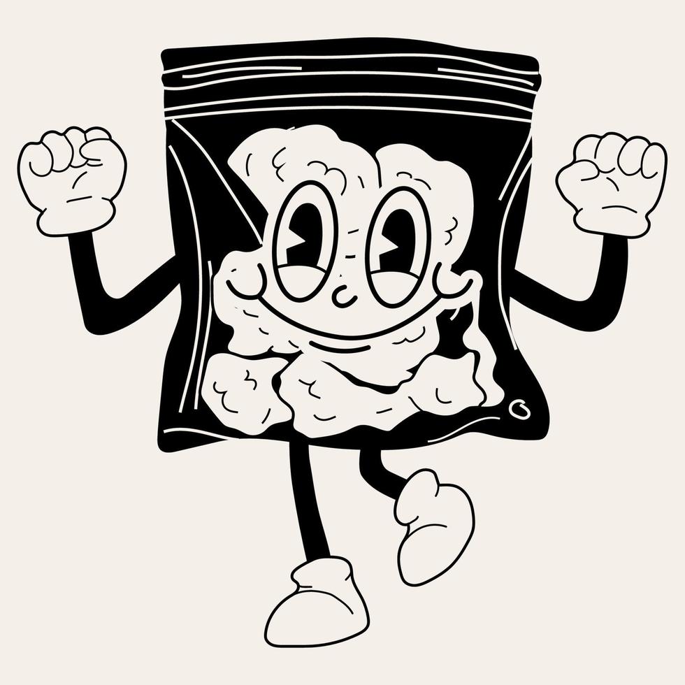 saco plástico preto e branco. personagem de mascote de desenho animado. cannabis medicinal, erva daninha, conceito de personagem de maconha vetor