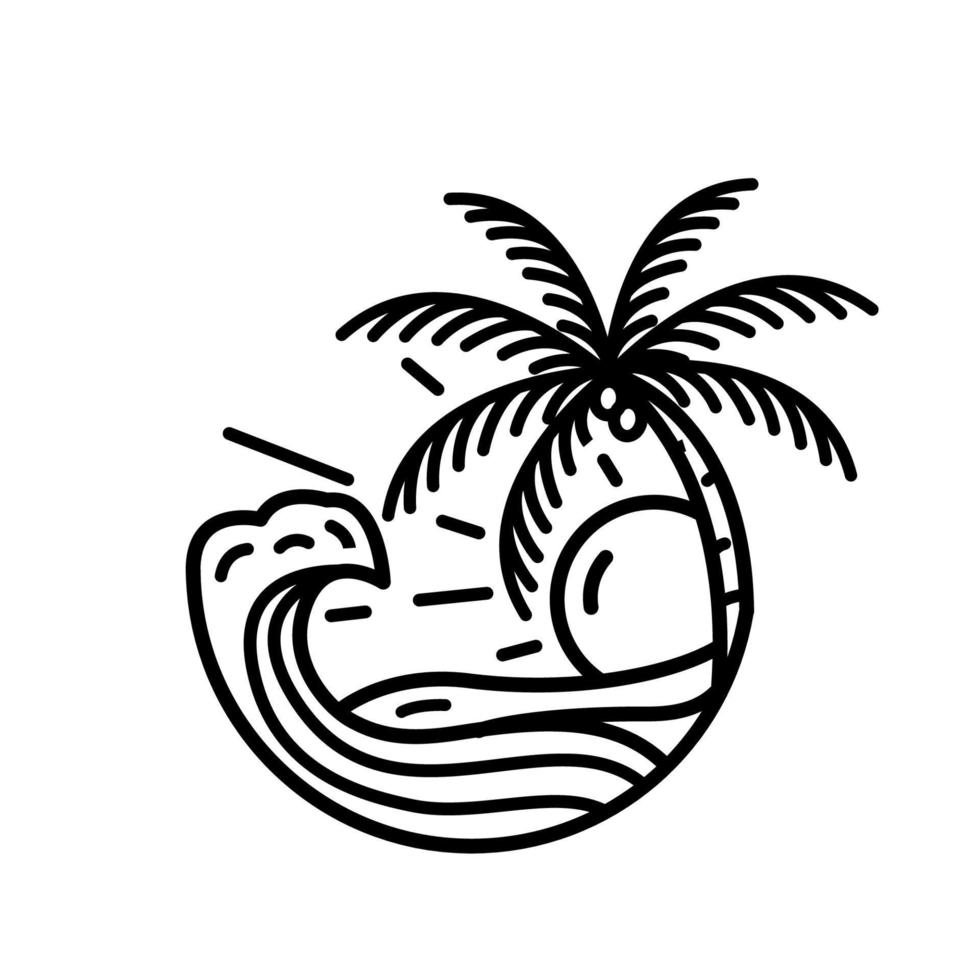ilha tropical de ondas do mar e ilustração vetorial de arte de linha de logotipo de palmeira vetor