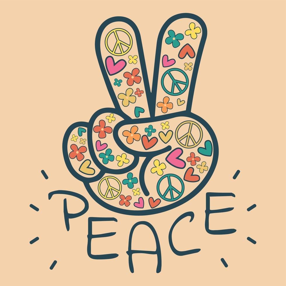 ícone, adesivo em estilo hippie com sinal floral v e paz de texto em um fundo bege com flores, corações e sinais de paz vetor