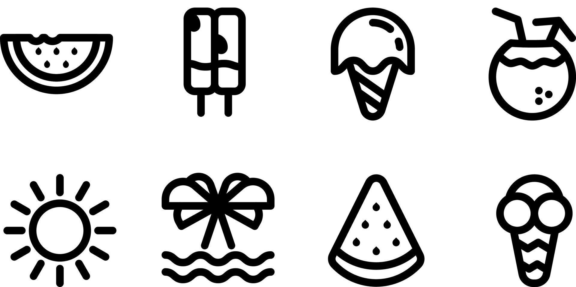verão, férias, conjunto de ícones de linha de praia. conjunto de ícones de linha fina. ícones vetoriais simples eps10 vetor