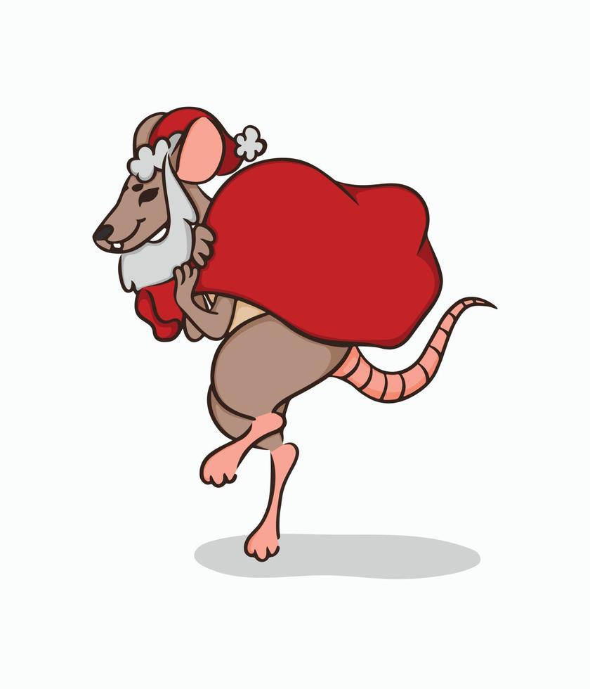 conceito de rato festivo com saco nas costas de chapéu e barba. ilustração vetorial de Natal. imagem de mouse isolado no fundo branco. rato anda na ponta dos pés. elemento de design fofo vetor