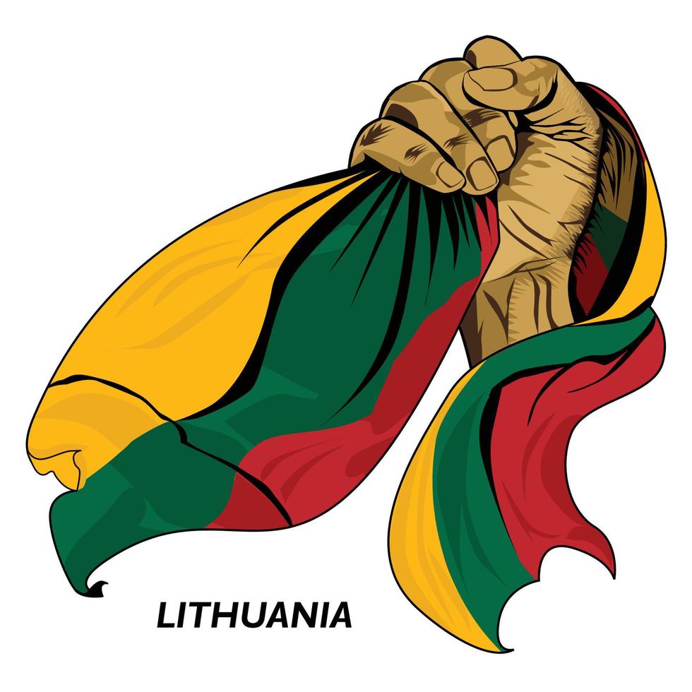 punho cerrado segurando a bandeira lituana. ilustração em vetor de mão levantada e agarrando a bandeira. bandeira drapejando ao redor da mão. formato eps