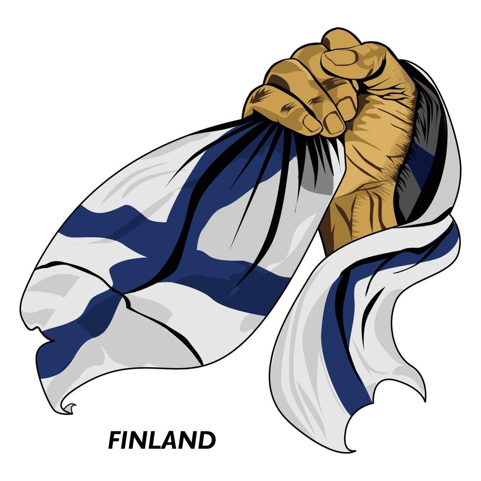 mão em punho segurando a bandeira finlandesa. ilustração em vetor de mão levantada e agarrando a bandeira finlandesa. bandeira drapejando ao redor da mão. formato eps