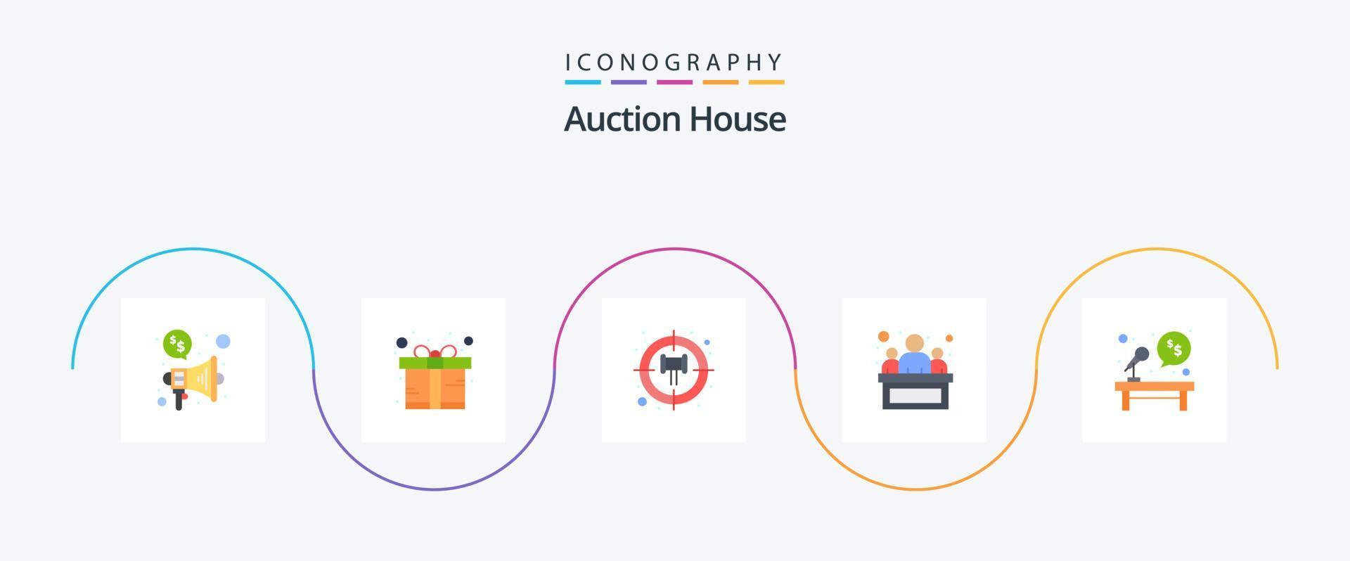 pacote de ícones de leilão plano 5, incluindo . dinheiro. alvo. microfone. mesa vetor