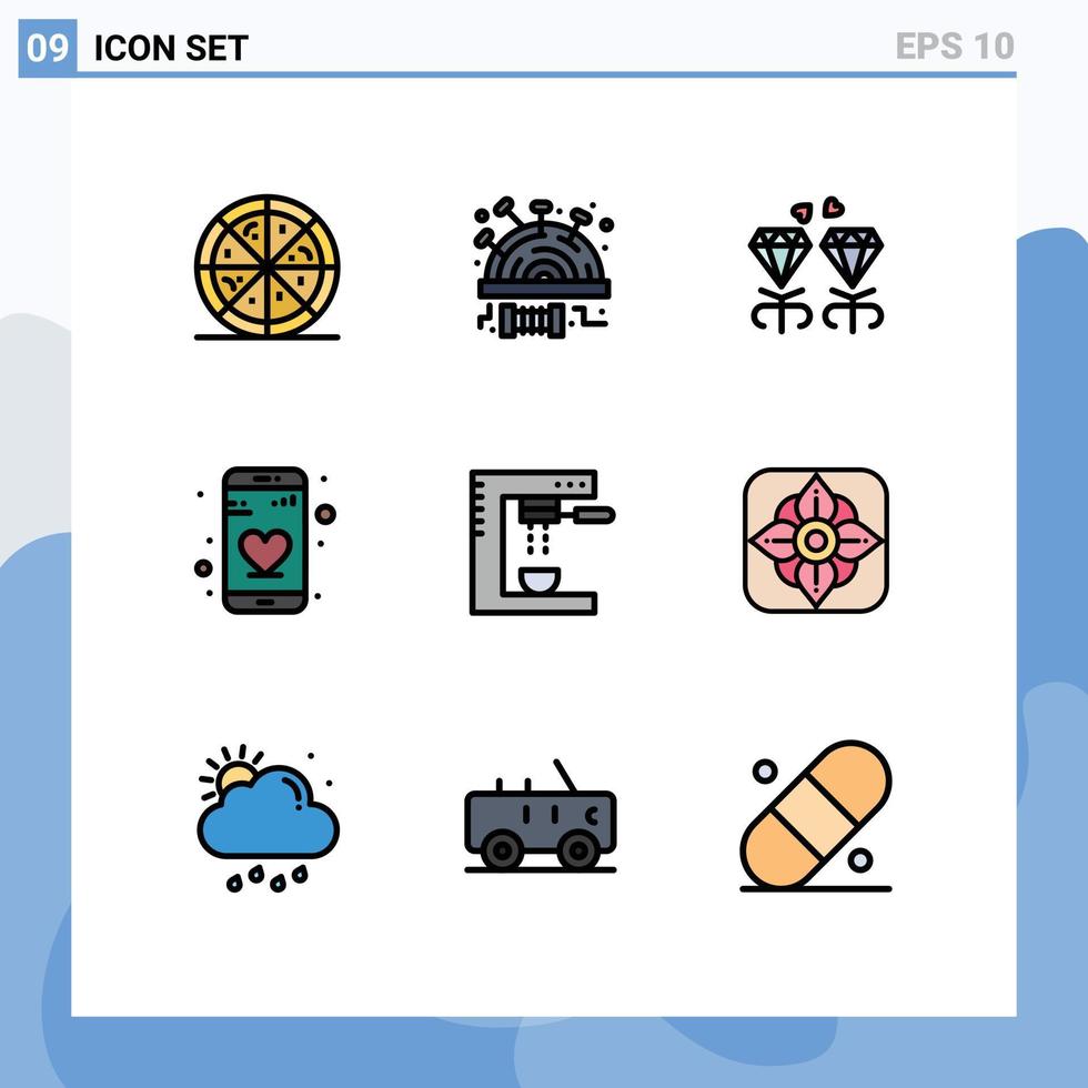 9 interface do usuário pacote de cores planas de linha cheia de sinais e símbolos modernos de máquina de café expresso presente bebidas telefone elementos de design vetorial editáveis vetor