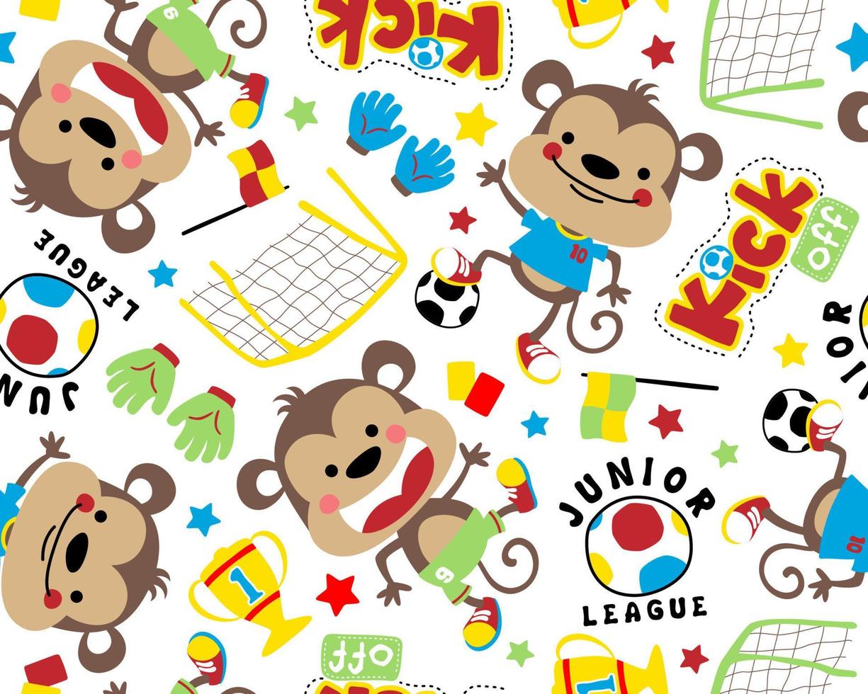 padrão vetorial perfeito de desenho animado de macaco engraçado com elementos de futebol vetor