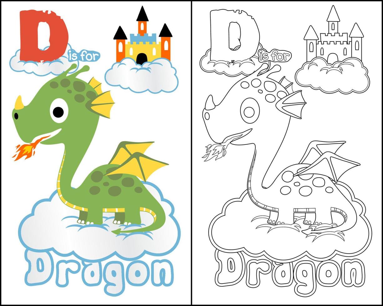 desenho animado de dragão com castelo nas nuvens, livro para colorir ou página vetor