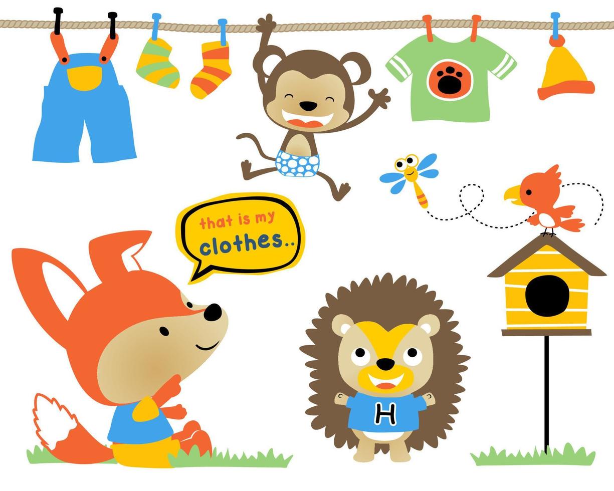 conjunto de vetores de desenhos animados engraçados de animais de madeira secando roupas