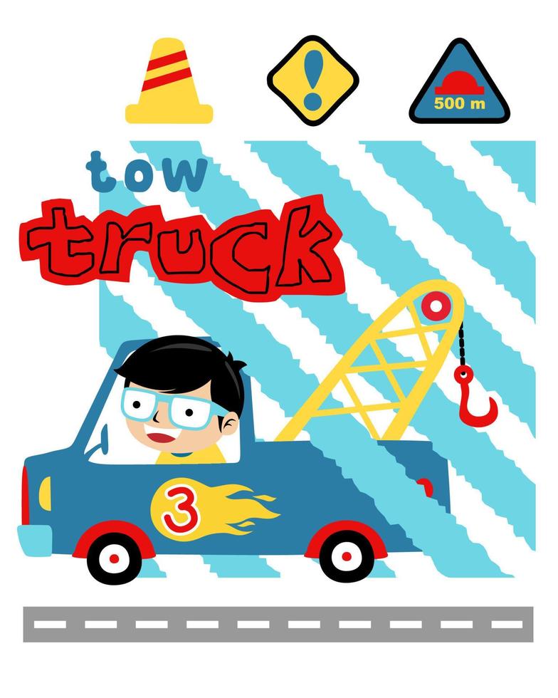 ilustração vetorial de menino no desenho animado do caminhão de reboque com sinais de trânsito vetor