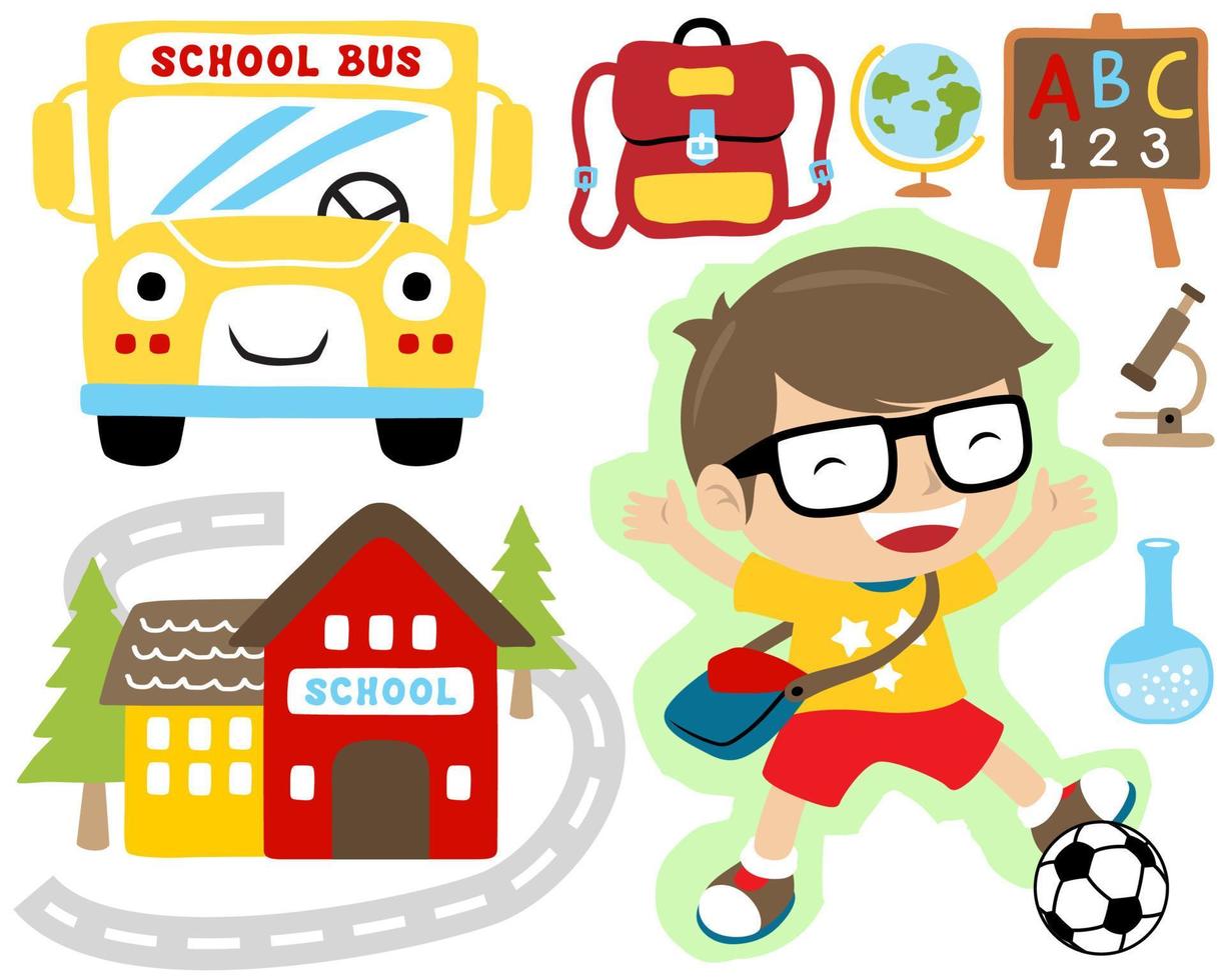 conjunto vetorial de desenhos animados de elementos escolares com estudante feliz jogando futebol vetor