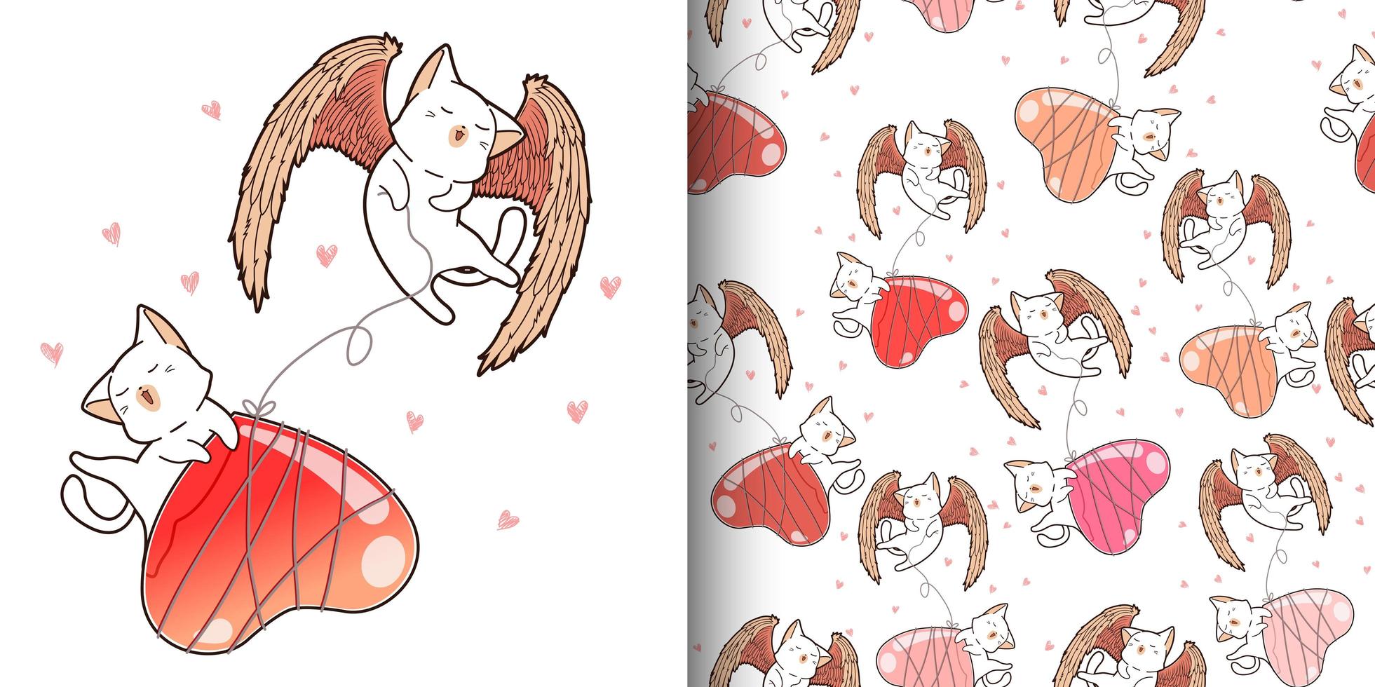 gatos cupido kawaii padrão sem emenda com balão de coração vetor