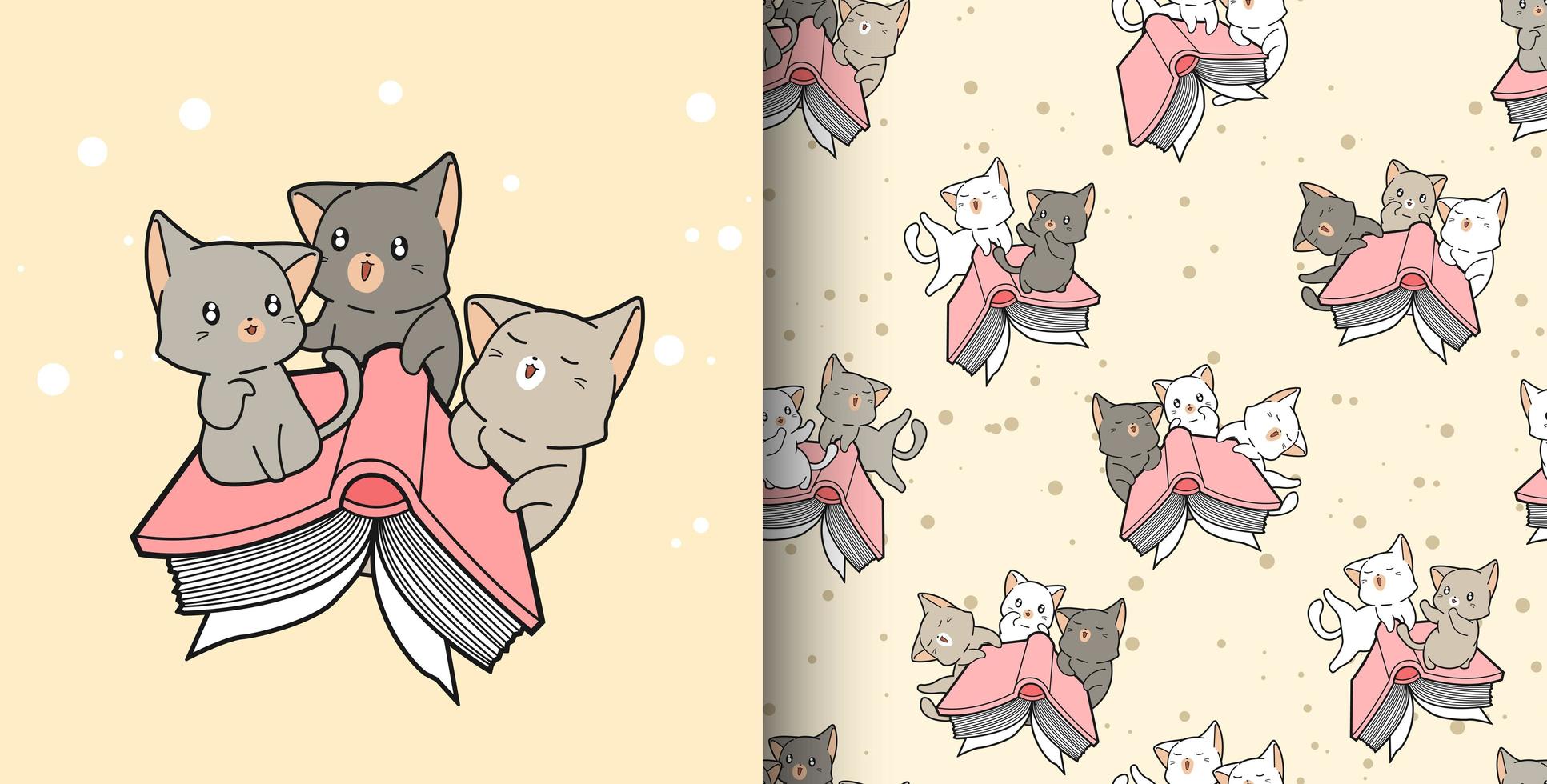 padrão sem emenda desenhado à mão gatos kawaii e livro de texto vetor