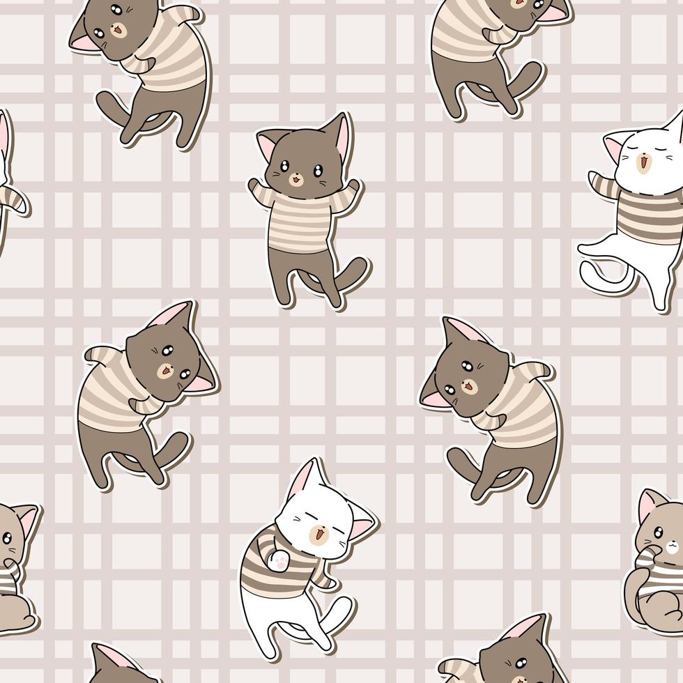 personagens de gatos kawaii de padrão sem emenda vestindo camiseta vetor