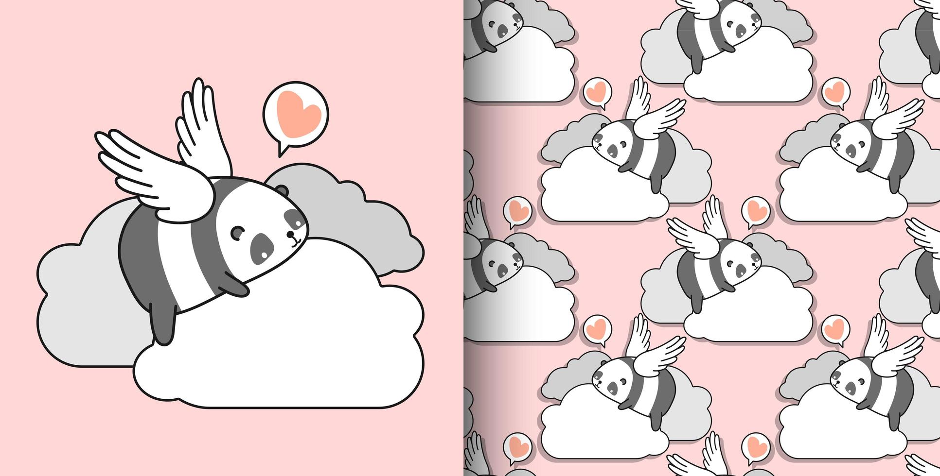 Seamless pattern desenhado à mão panda Cupido na nuvem vetor