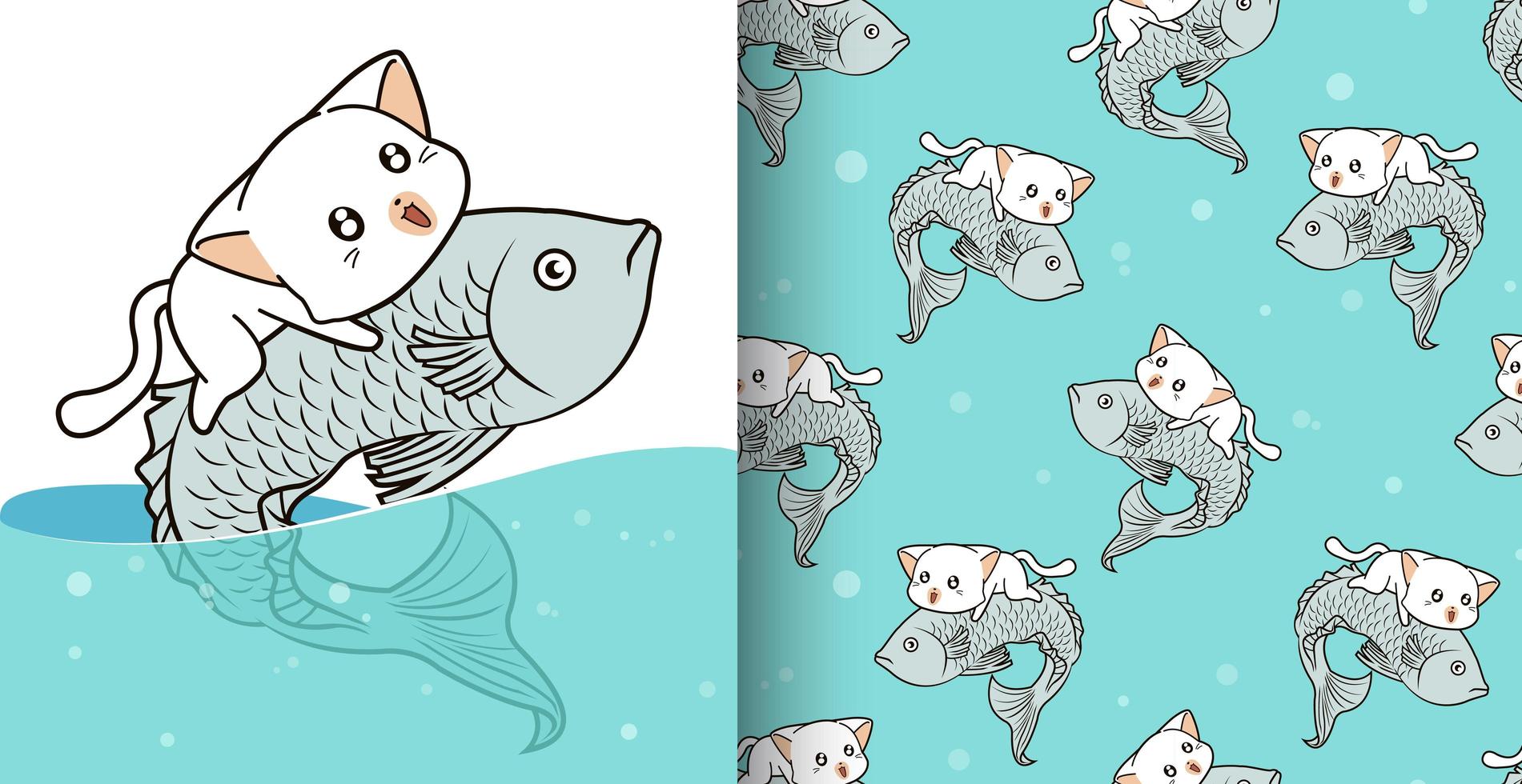 padrão sem emenda gato kawaii montado em peixes grandes vetor