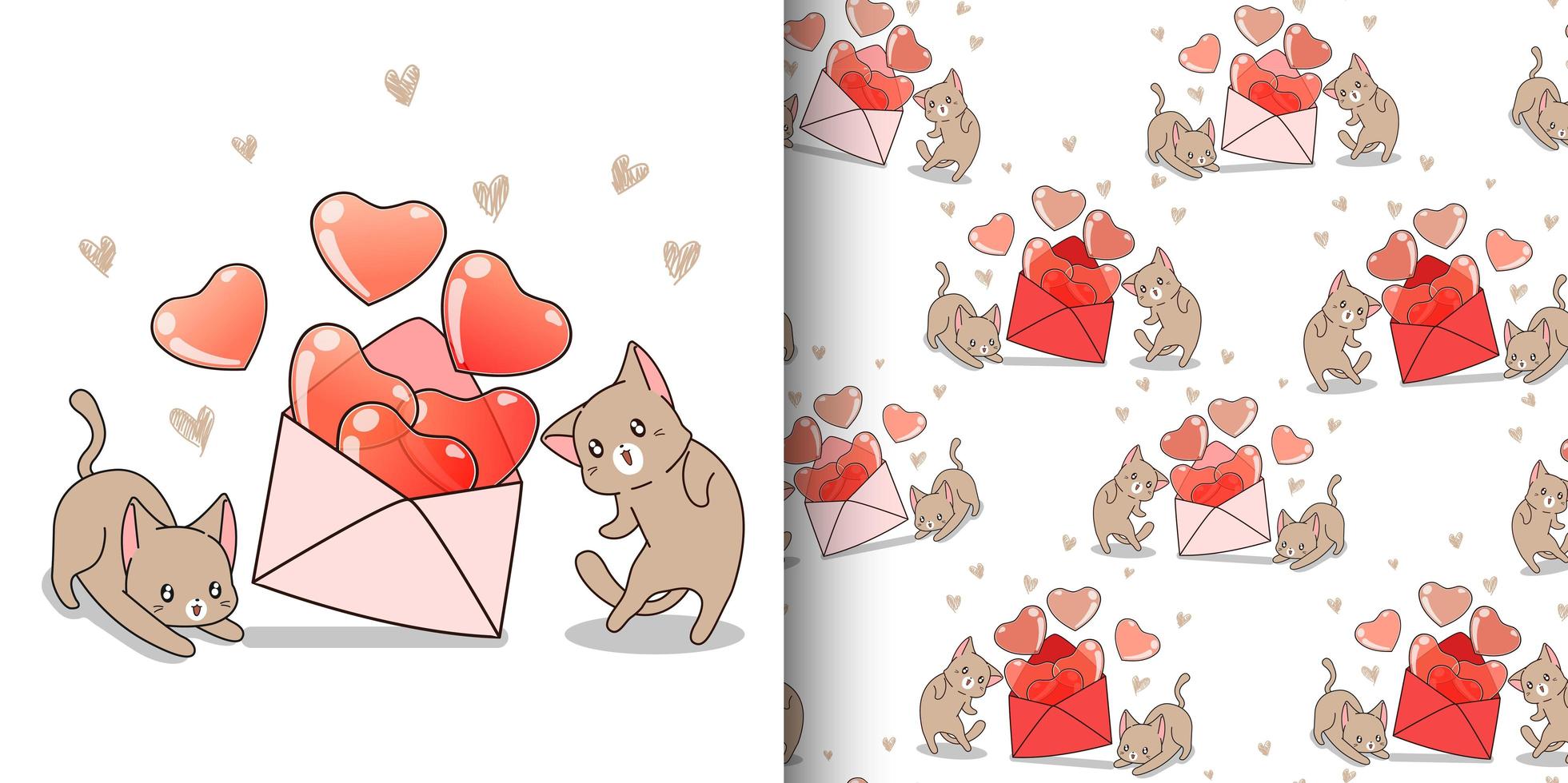 gato kawaii de padrão sem emenda com corações dentro do envelope vetor