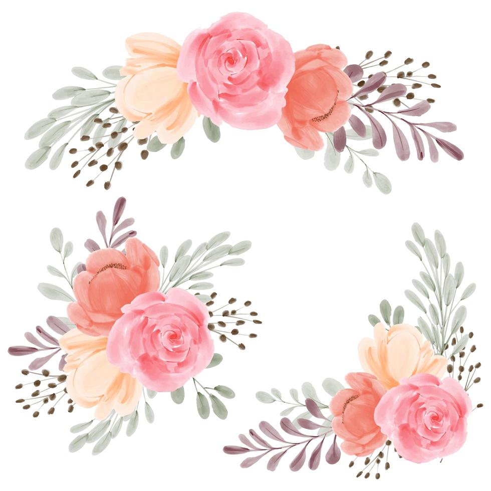 Conjunto de buquê pintado à mão em aquarela de arranjo de flores rosa vetor