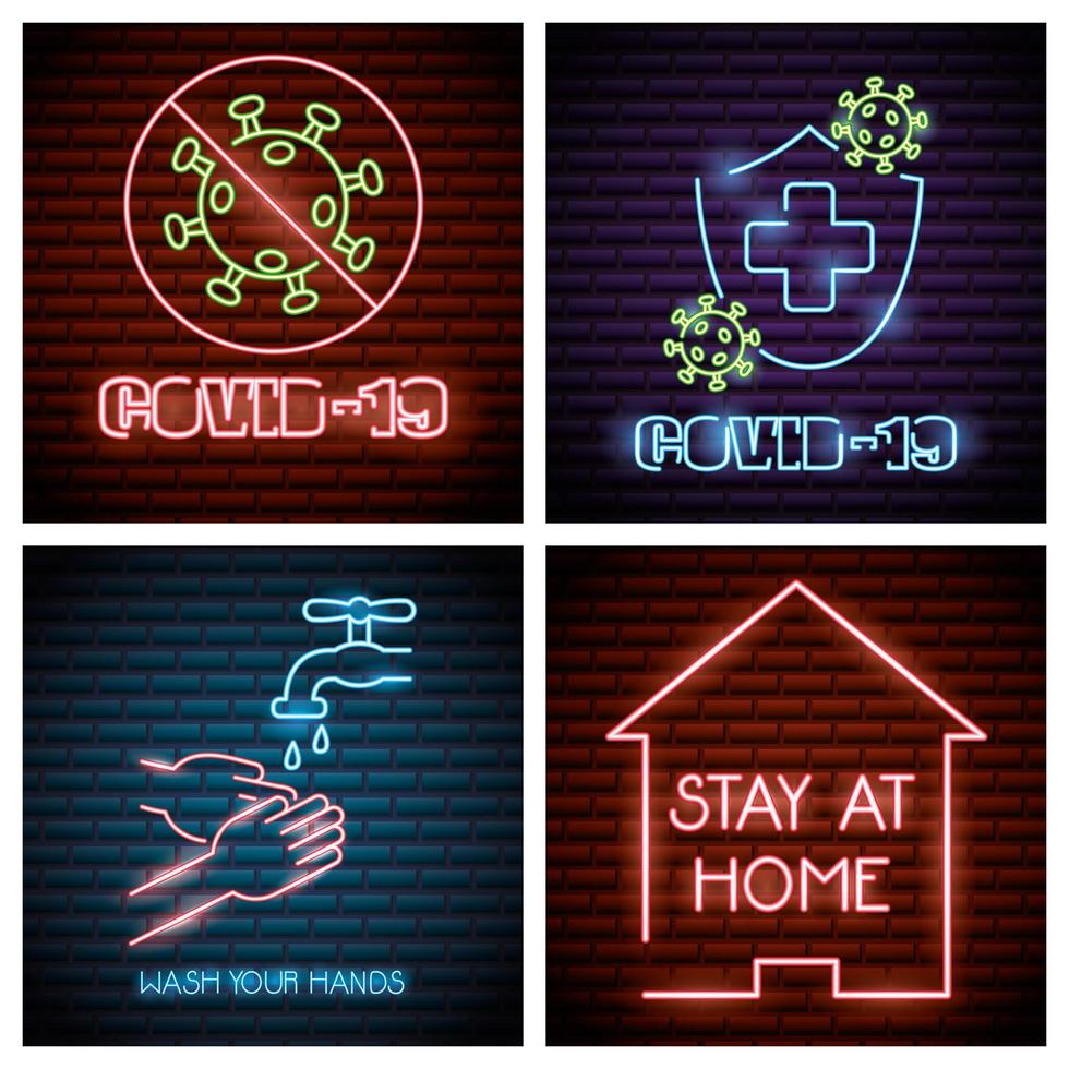ícones de luz neon de coronavírus vetor