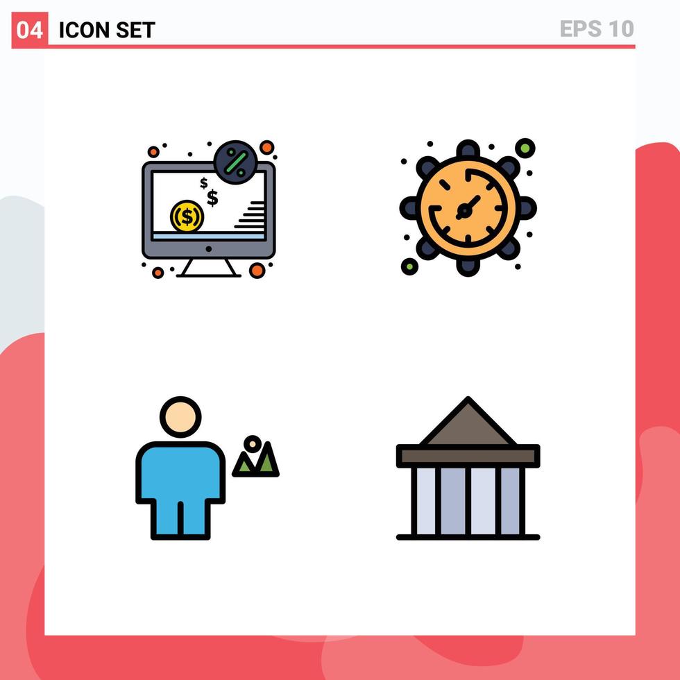 grupo de símbolos de ícone universal de 4 cores planas de linha preenchida modernas de configuração de monitor de avatar de computador país elementos de design de vetores editáveis