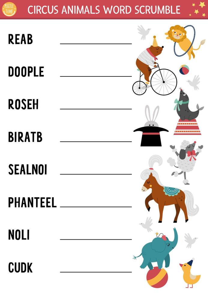 página de atividade de corrida de palavras de circo vetorial. jogo de língua inglesa com urso, cavalo, coelho para crianças. quiz de família de férias de show de diversões com artistas de palco de animais. planilha para impressão. vetor