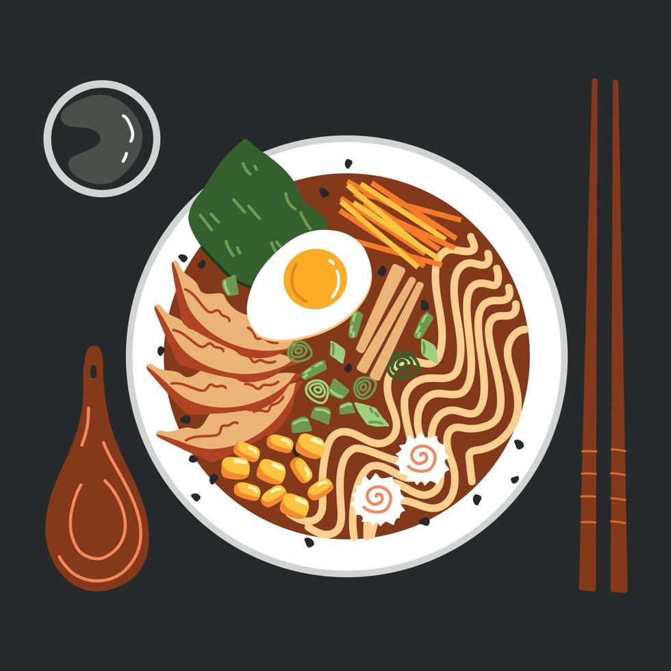 sopa de macarrão ramen com legumes e carne vetor