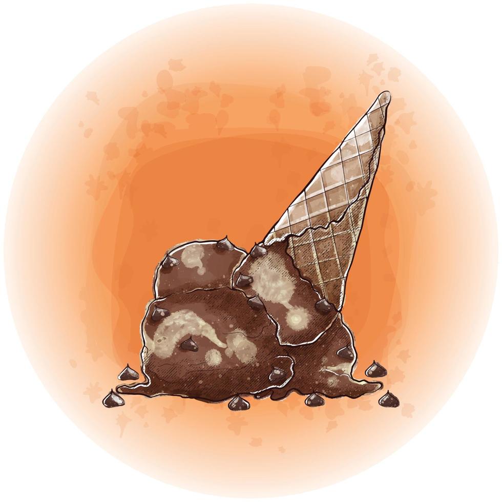 sorvete de chocolate em aquarela em um cone doce gráficos 08 vetor