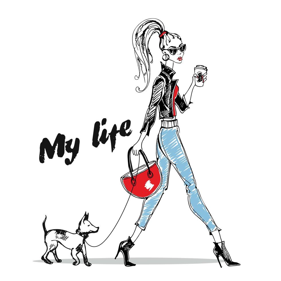 garota na moda caminha com um cachorro pequeno. gráficos elegantes. vetor