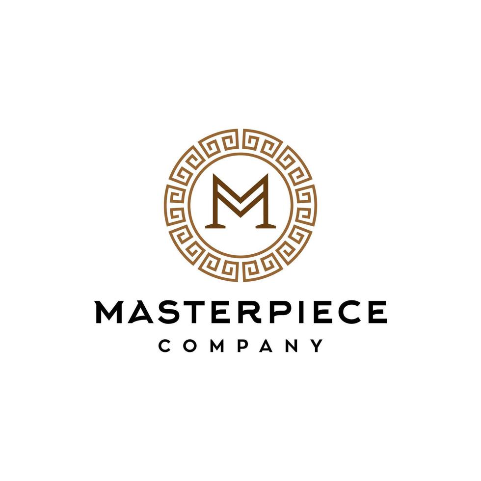 logotipo da letra m com ilustração de ícone de borda de moldura chinesa de círculo, design de logotipo vetorial de letra inicial com moldura de borda de círculo grego antigo vetor