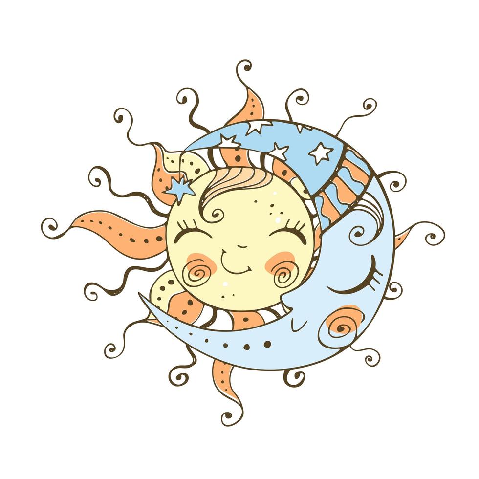 sol e lua estilo doodle para o tema infantil. vetor
