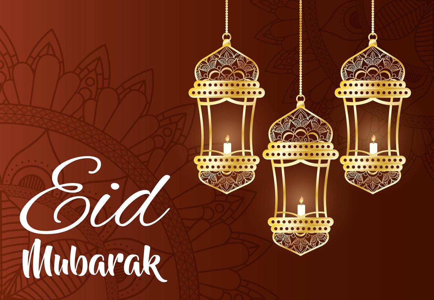 Banner de celebração eid mubarak com lâmpadas penduradas vetor