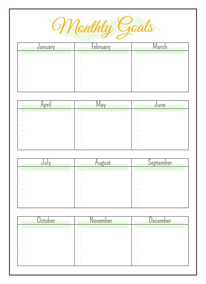 design de página de planejador minimalista de metas anuais mensais vetor