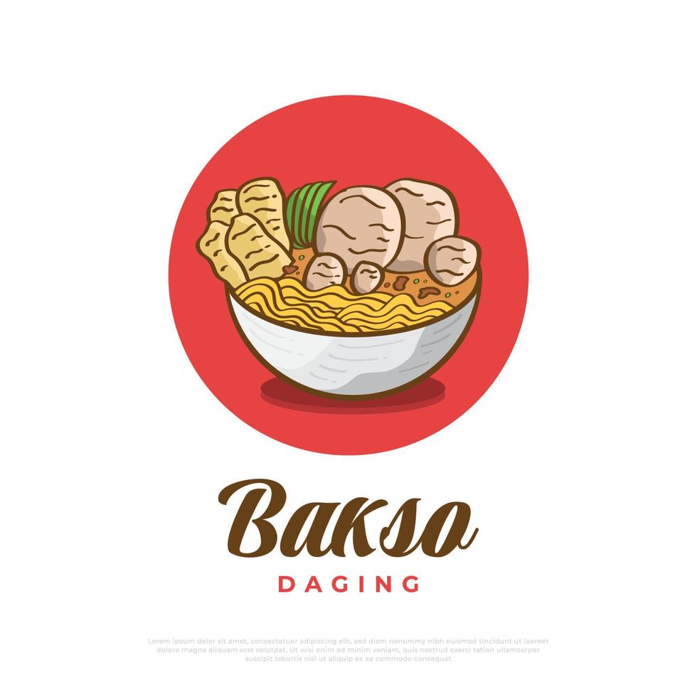 ilustração de bakso ou almôndegas desenhadas à mão, servidas com macarrão e biscoitos. ilustração de cozinha asiática vetor