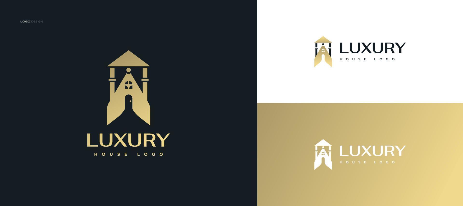 design de logotipo de casa ou mansão dourada de luxo, adequado para logotipo da indústria imobiliária, villa, hotel ou resort vetor