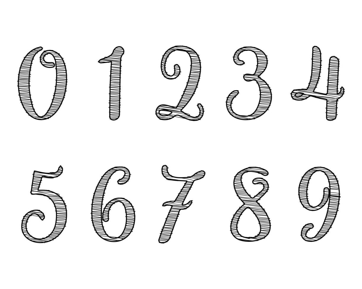 conjunto de números, números hachurados desenhados à mão de 0 a 9. ilustração, vetor