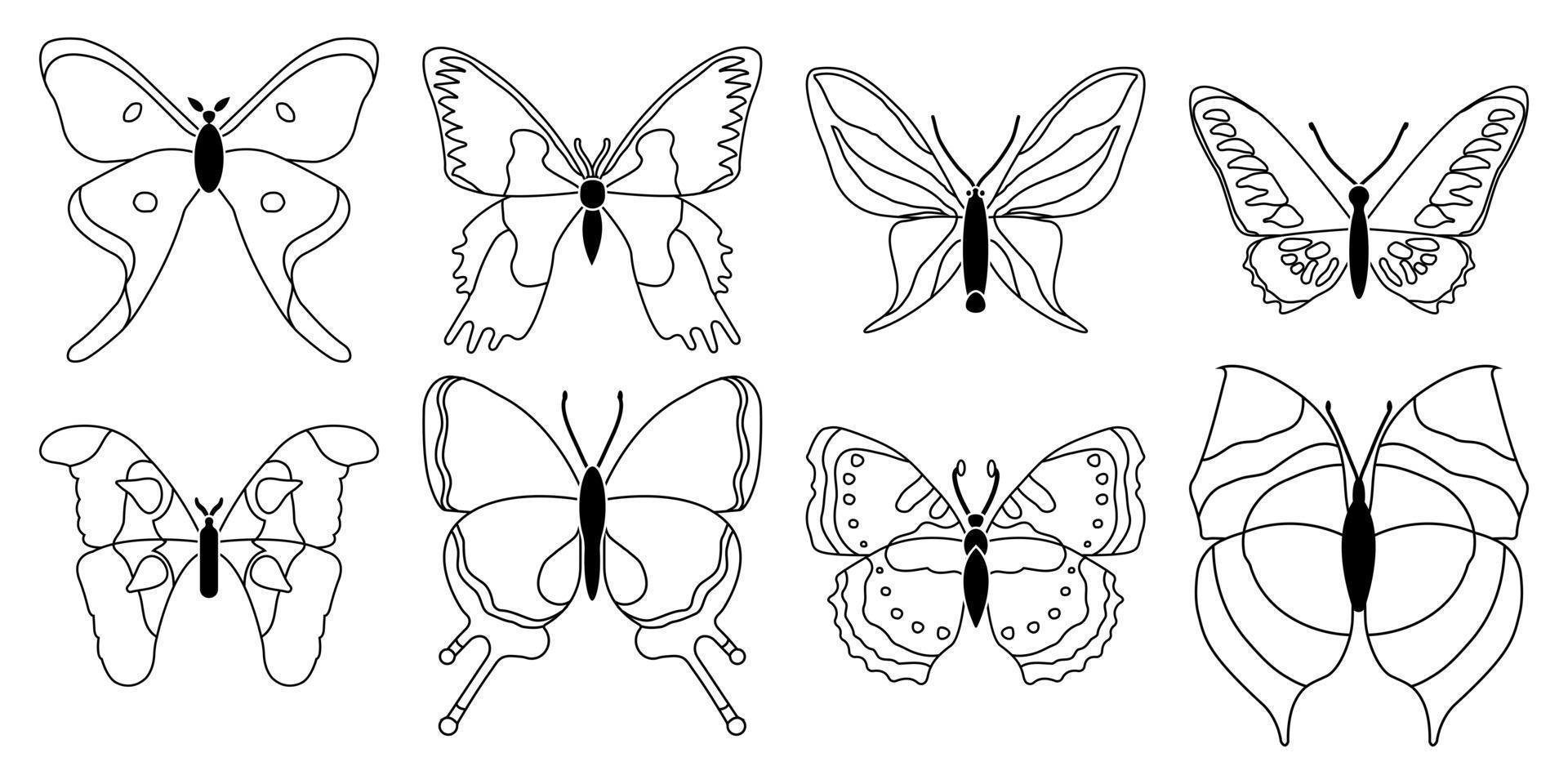 conjunto vetorial de borboletas em um fundo branco, desenhando insetos decorativos, silhuetas desenhadas à mão, vetor isolado