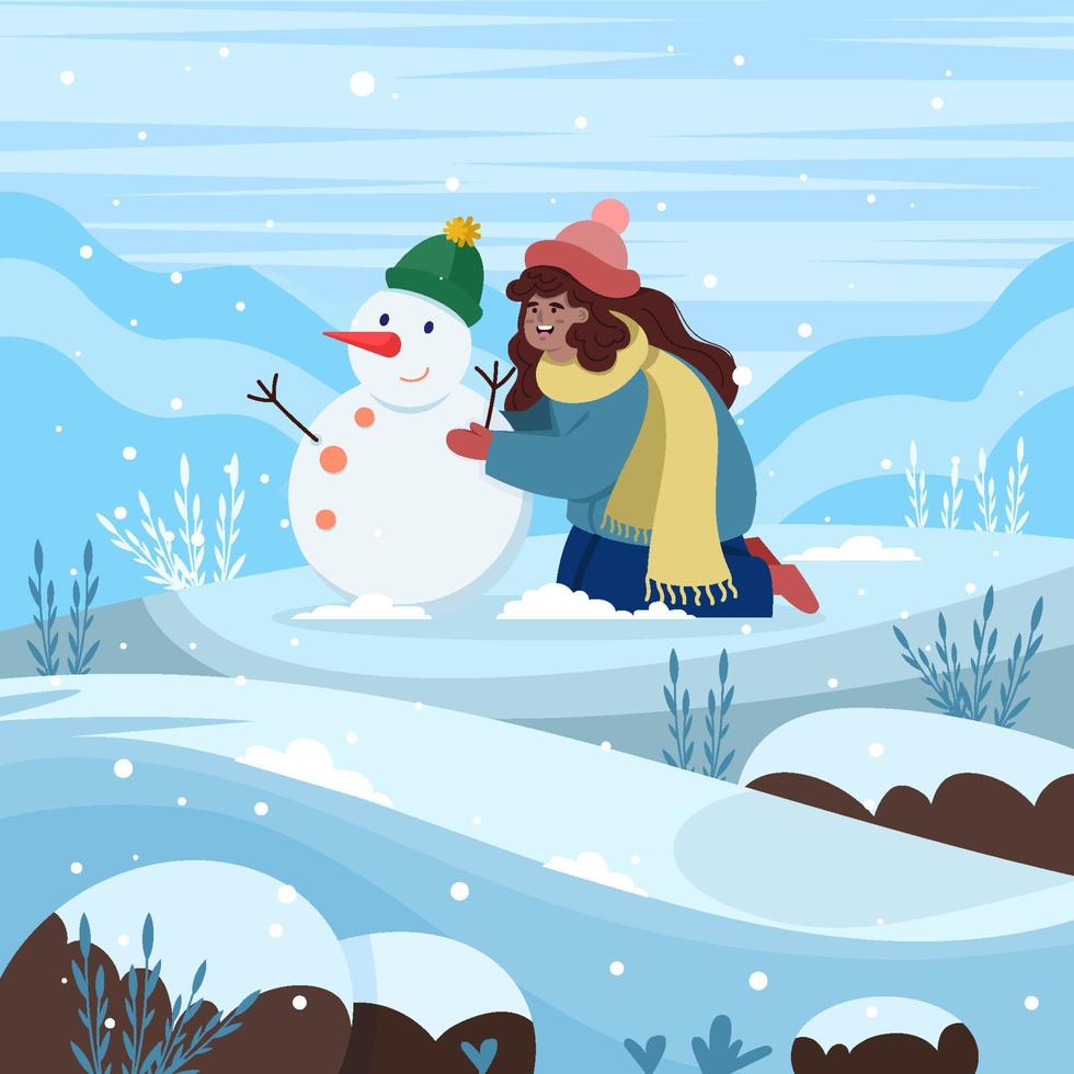 mulher feliz fazendo boneco de neve no conceito de colina nevada vetor