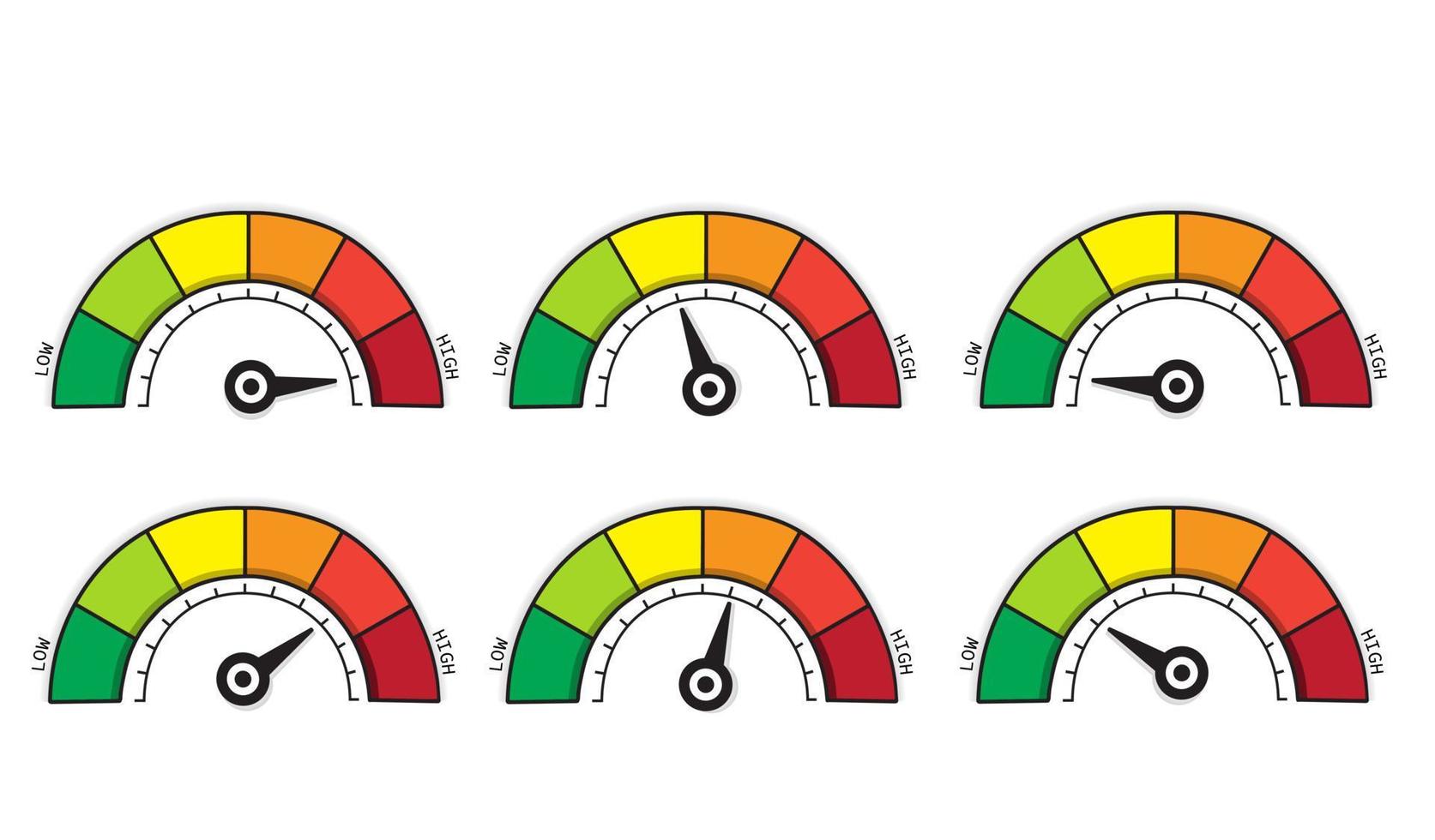 defina a escala de cores com a seta de vermelho para verde com nível baixo e alto. escala de risco, tacômetro, velocímetro rápido, hemoglobina, satisfação. ilustração vetorial plana isolada no fundo branco vetor