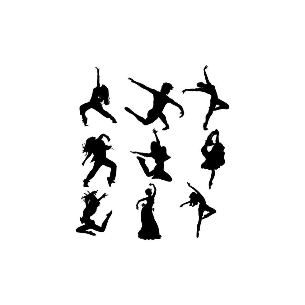ícone criativo da silhueta da coleção de conjuntos humanos de dança vetor