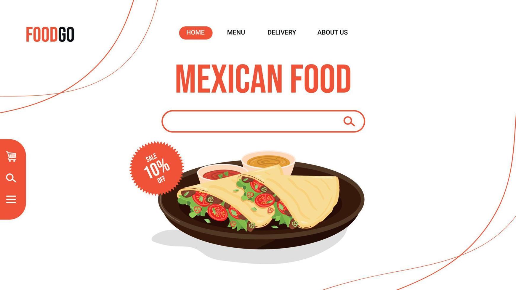 modelo de banner para site de entrega de comida latino-americana. Quesadillas mexicanas tradicionais duas peças com molhos em um prato. ilustração vetorial plana vetor